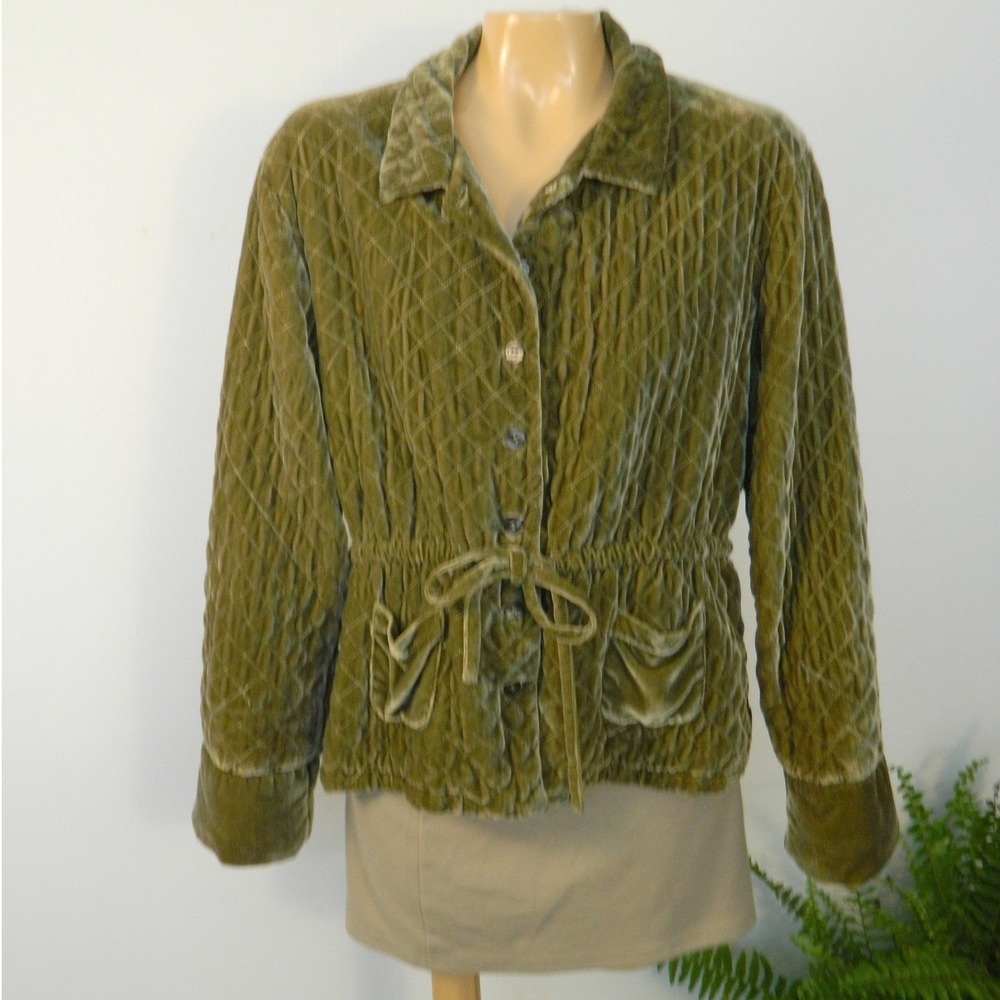 VTG Kiko Quilted Velvet Jacket Womens 10 Olive Green Silk Blend Drawstring Waist